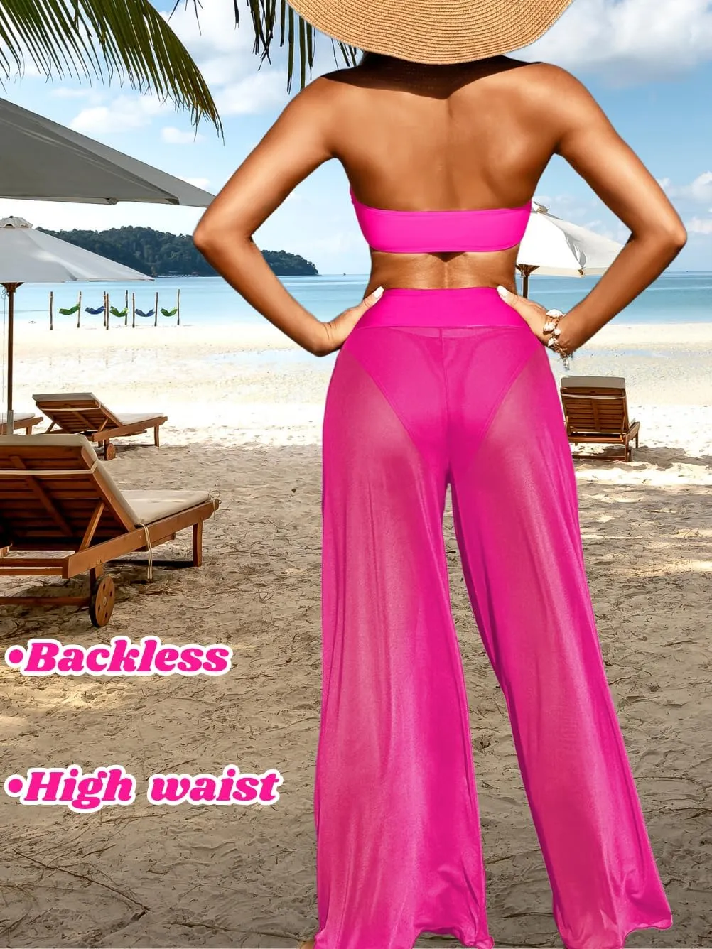 Women 3 Piece Sexy Swimsuit, Bandeau Strapless Bikini Set, Color Block High Waisted Bathing Suit Cover Up Pants Beach