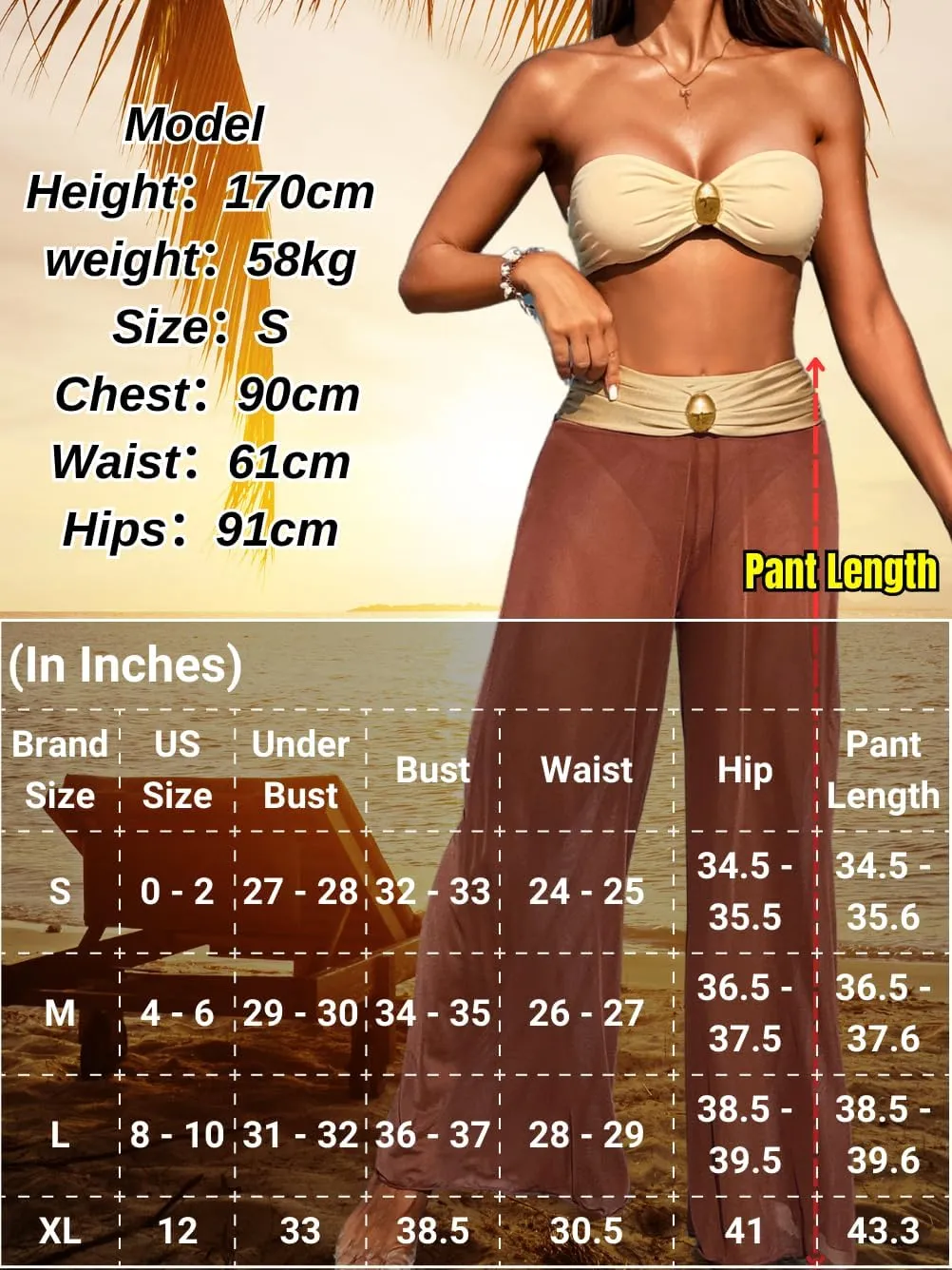Women 3 Piece Sexy Swimsuit, Bandeau Strapless Bikini Set, Color Block High Waisted Bathing Suit Cover Up Pants Beach