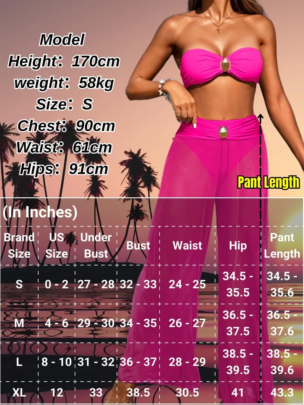 Women 3 Piece Sexy Swimsuit, Bandeau Strapless Bikini Set, Color Block High Waisted Bathing Suit Cover Up Pants Beach