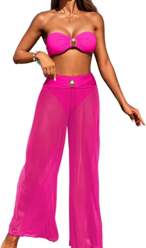 Women 3 Piece Sexy Swimsuit, Bandeau Strapless Bikini Set, Color Block High Waisted Bathing Suit Cover Up Pants Beach