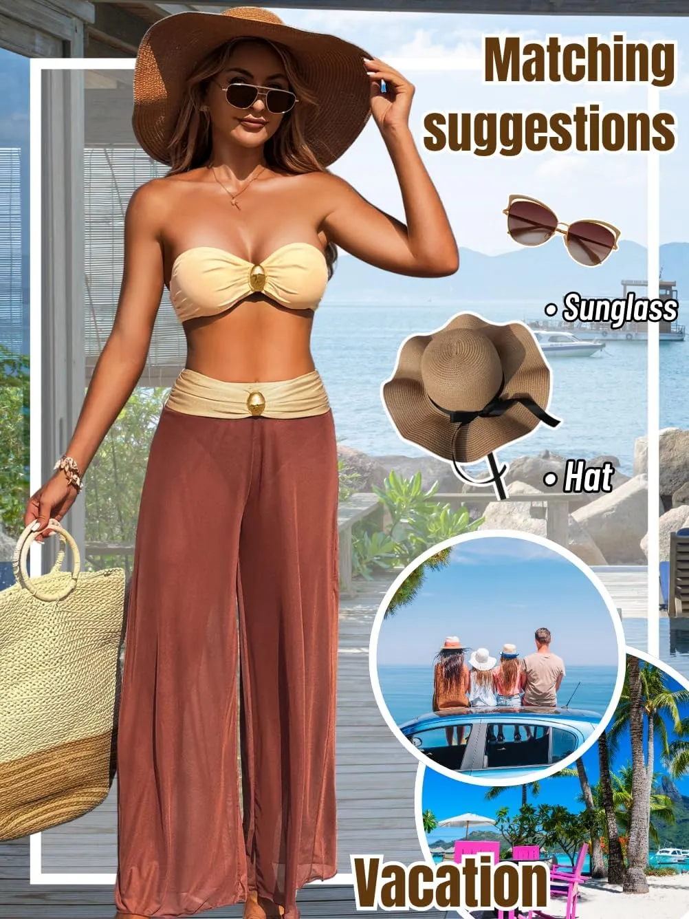 Women 3 Piece Sexy Swimsuit, Bandeau Strapless Bikini Set, Color Block High Waisted Bathing Suit Cover Up Pants Beach