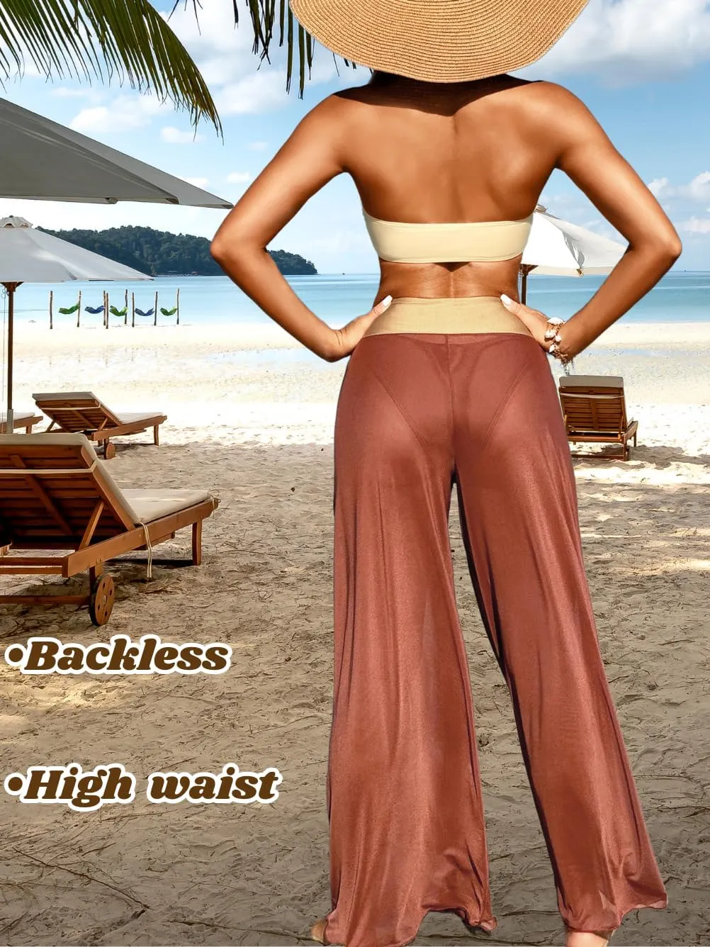 Women 3 Piece Sexy Swimsuit, Bandeau Strapless Bikini Set, Color Block High Waisted Bathing Suit Cover Up Pants Beach