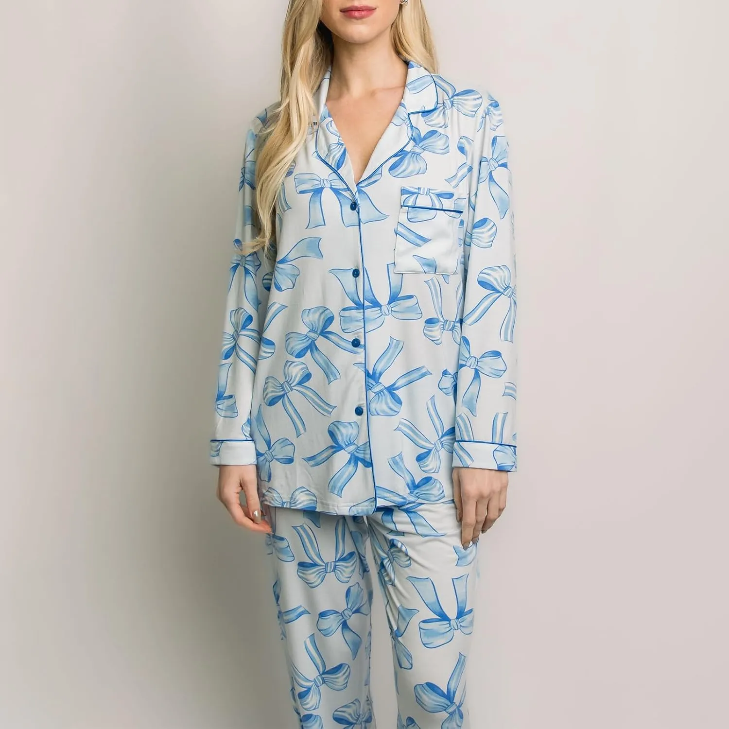 Women Bow Pajama Set Long Sleeve Sleepwear Button Down Lounge Sets Cute Matching Pjs Set Nightwear