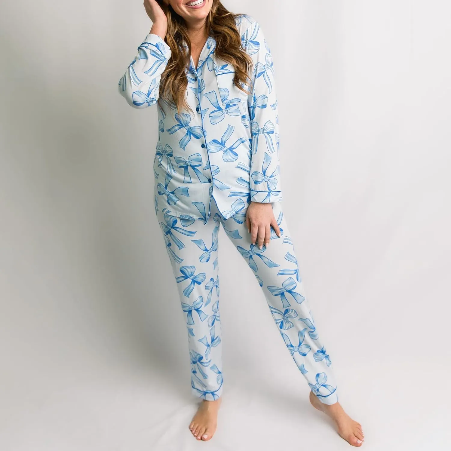 Women Bow Pajama Set Long Sleeve Sleepwear Button Down Lounge Sets Cute Matching Pjs Set Nightwear