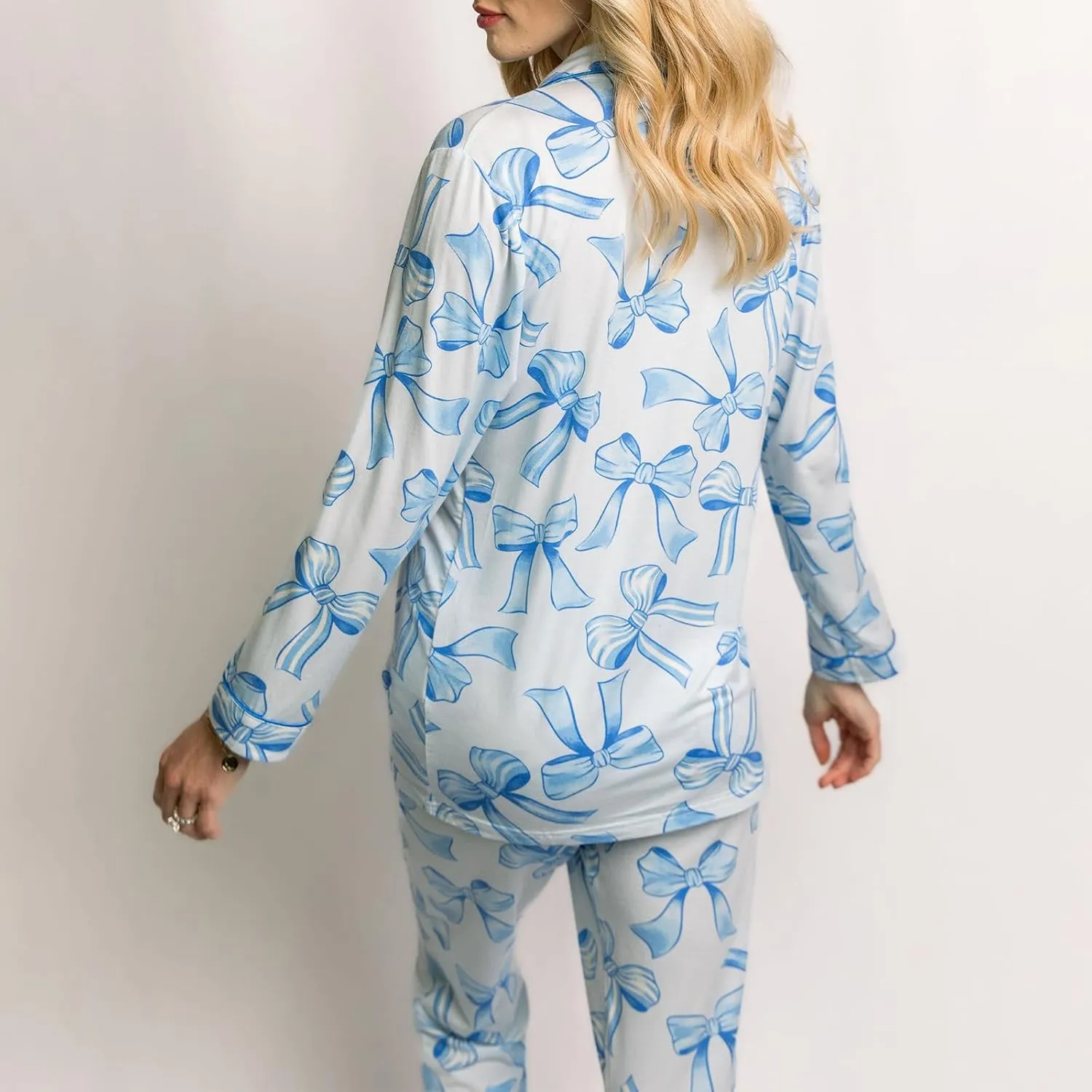 Women Bow Pajama Set Long Sleeve Sleepwear Button Down Lounge Sets Cute Matching Pjs Set Nightwear