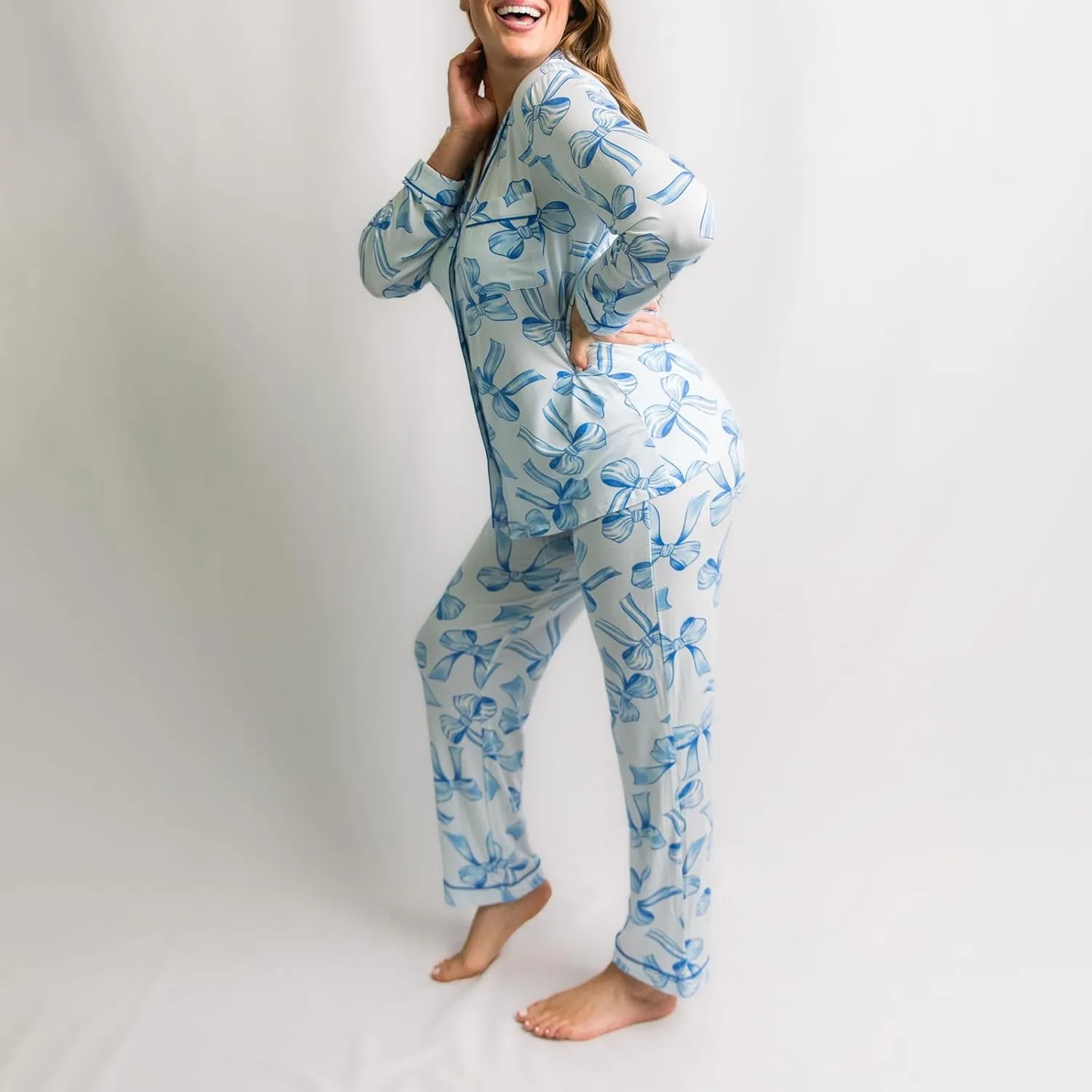 Women Bow Pajama Set Long Sleeve Sleepwear Button Down Lounge Sets Cute Matching Pjs Set Nightwear