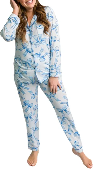 Women Bow Pajama Set Long Sleeve Sleepwear Button Down Lounge Sets Cute Matching Pjs Set Nightwear