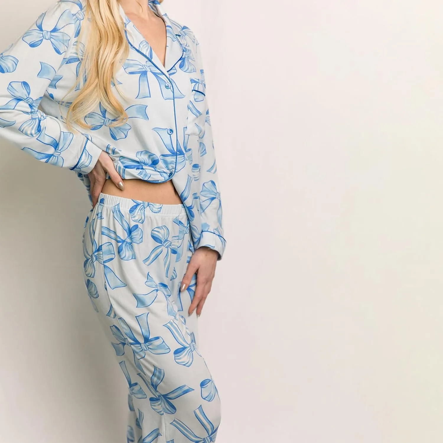 Women Bow Pajama Set Long Sleeve Sleepwear Button Down Lounge Sets Cute Matching Pjs Set Nightwear