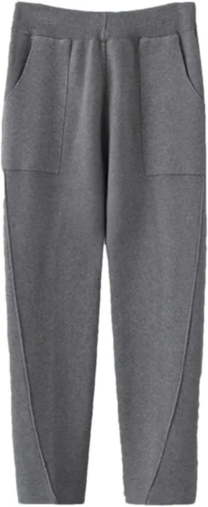 Women Fall Winter Knit Harem Pants High Waist Elastic Casual Solid Ankle Length Trousers with Pockets