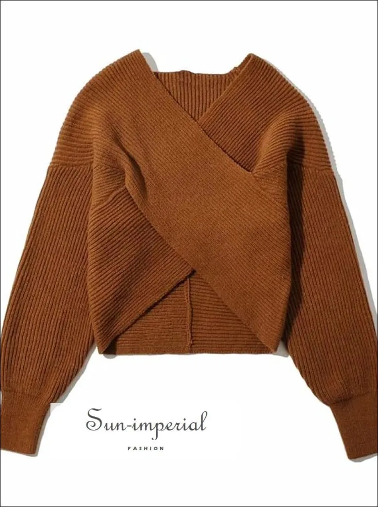 Women Grey Crossover front Chunky Knit Pullover Ribbed Sweater top