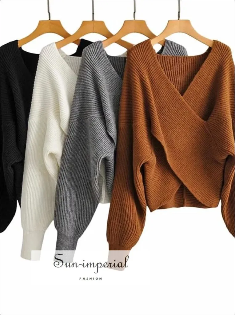 Women Grey Crossover front Chunky Knit Pullover Ribbed Sweater top