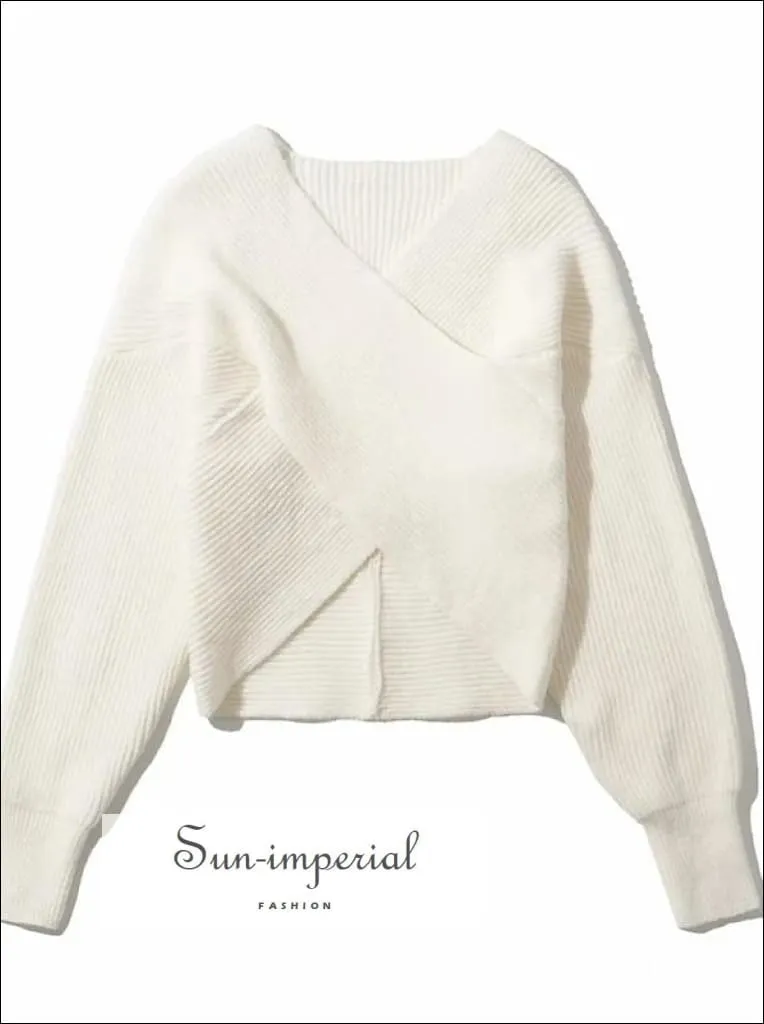 Women Grey Crossover front Chunky Knit Pullover Ribbed Sweater top
