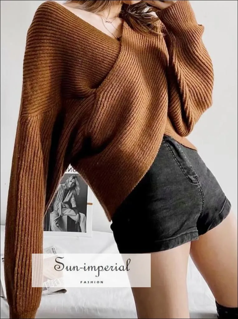 Women Grey Crossover front Chunky Knit Pullover Ribbed Sweater top