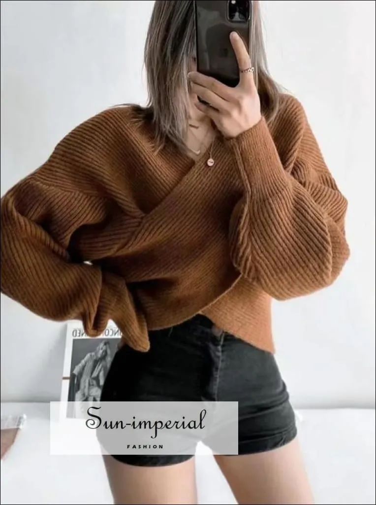 Women Grey Crossover front Chunky Knit Pullover Ribbed Sweater top