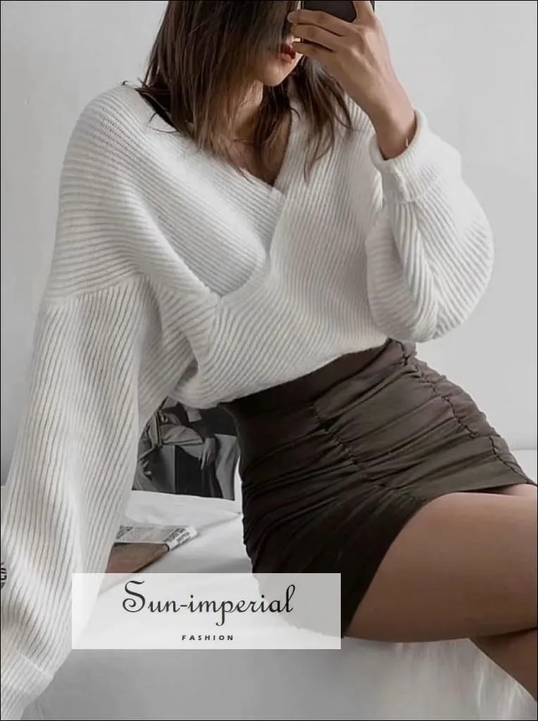 Women Grey Crossover front Chunky Knit Pullover Ribbed Sweater top