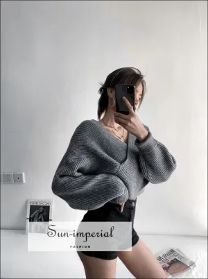 Women Grey Crossover front Chunky Knit Pullover Ribbed Sweater top