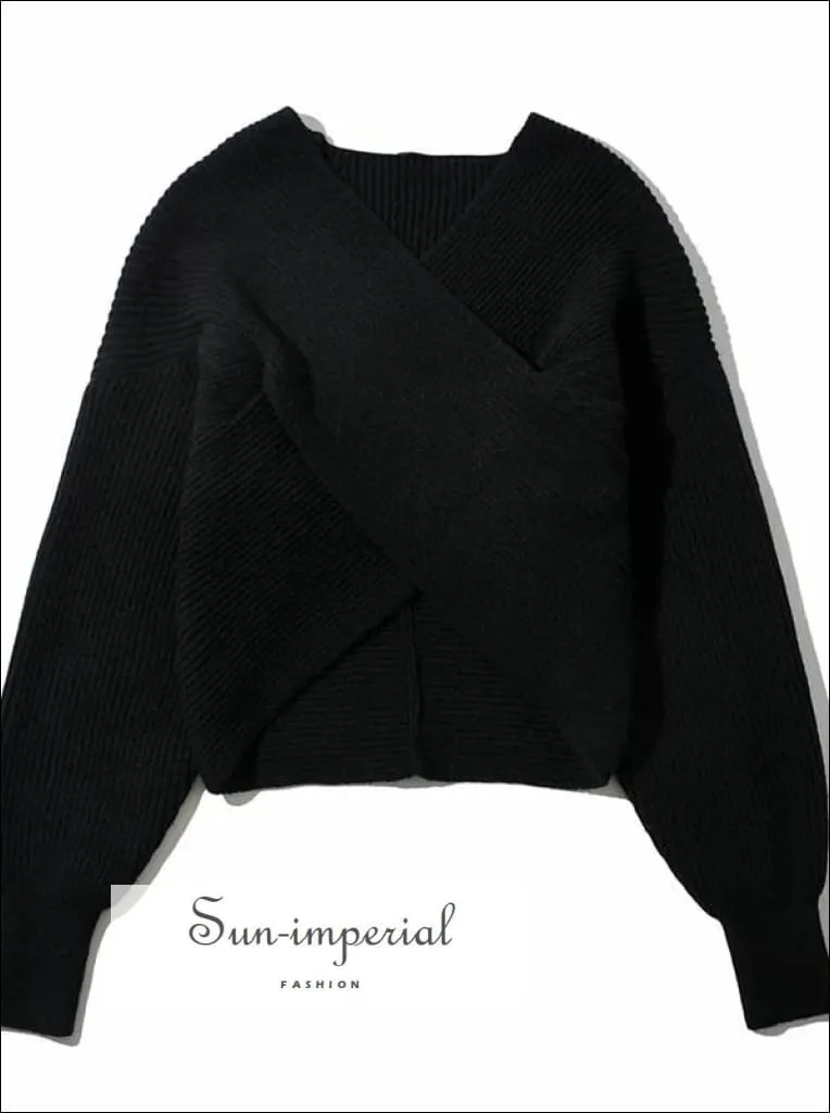 Women Grey Crossover front Chunky Knit Pullover Ribbed Sweater top
