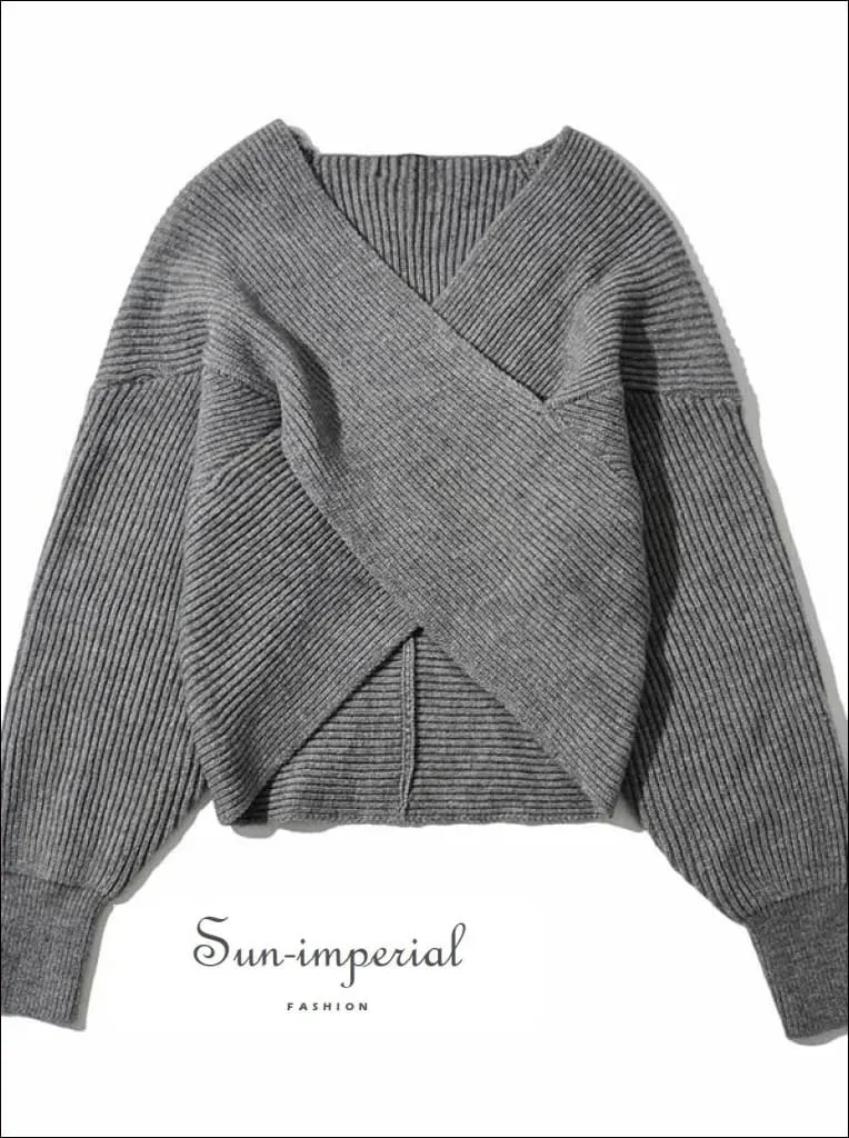 Women Grey Crossover front Chunky Knit Pullover Ribbed Sweater top