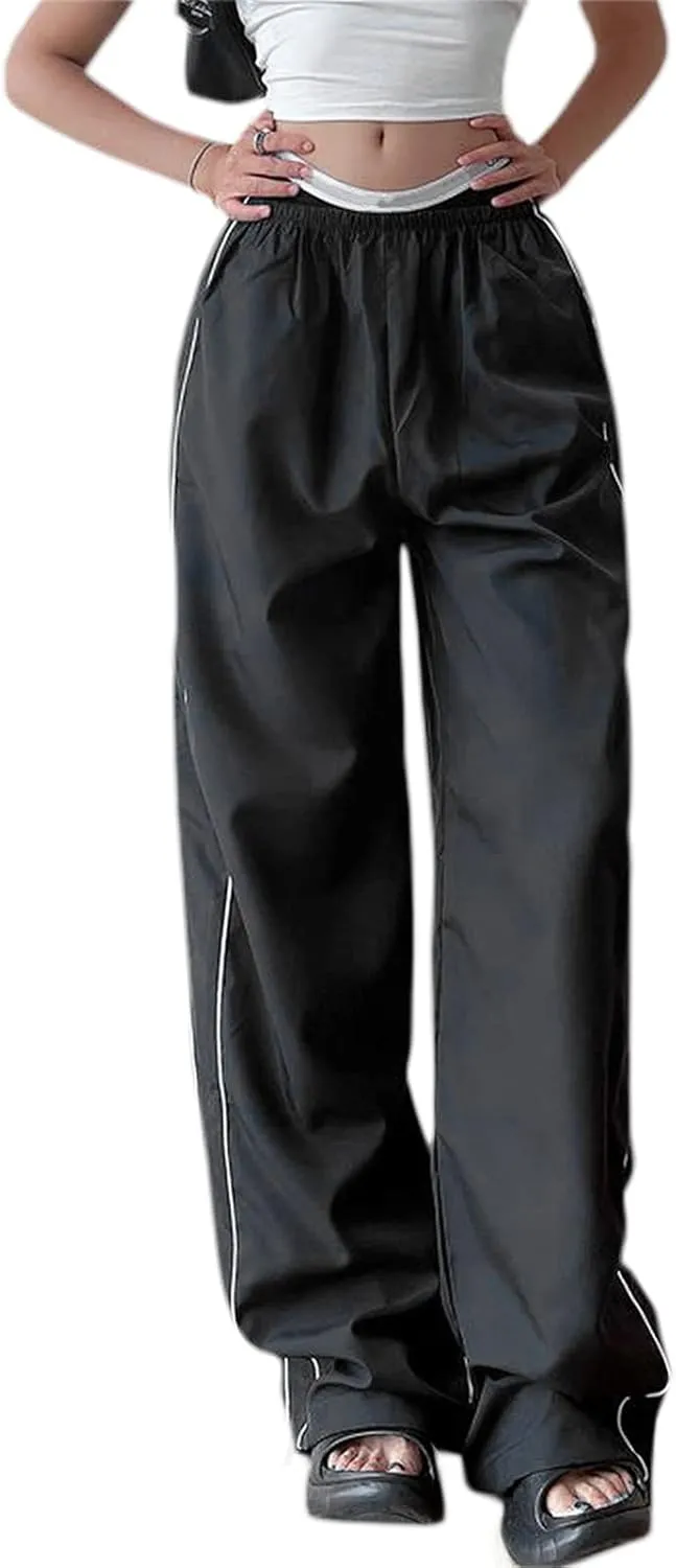 Women Side Striped Track Pants Wide Leg Baggy Sweatpants Parachute Pants Y2K Cargo Pants Joggers Trousers Streetwear