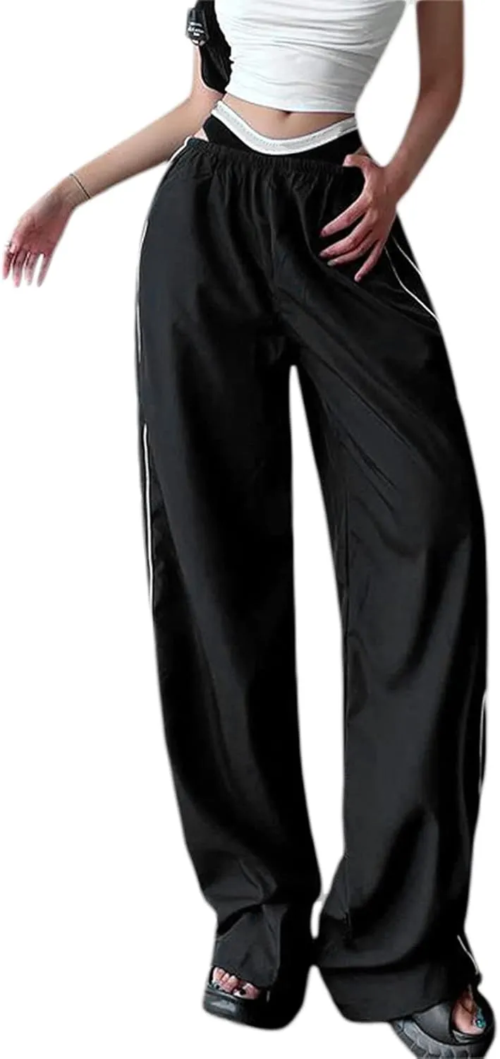 Women Side Striped Track Pants Wide Leg Baggy Sweatpants Parachute Pants Y2K Cargo Pants Joggers Trousers Streetwear