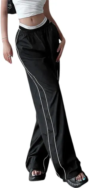 Women Side Striped Track Pants Wide Leg Baggy Sweatpants Parachute Pants Y2K Cargo Pants Joggers Trousers Streetwear
