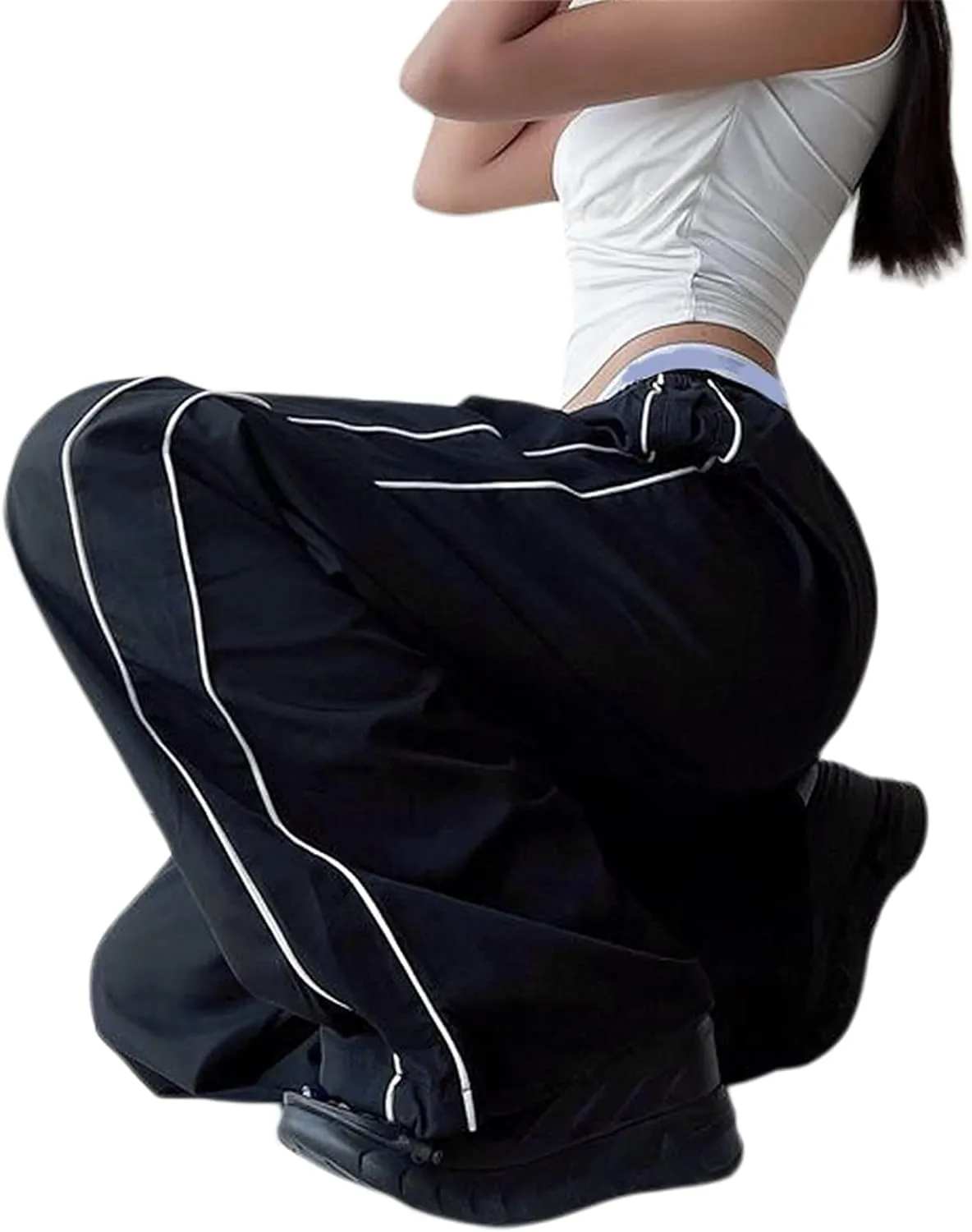 Women Side Striped Track Pants Wide Leg Baggy Sweatpants Parachute Pants Y2K Cargo Pants Joggers Trousers Streetwear