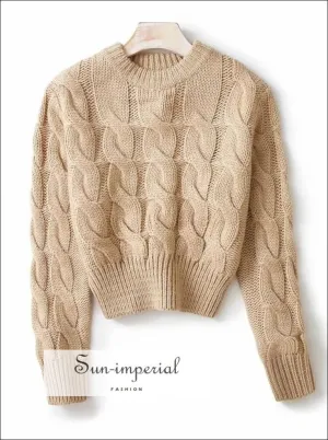 Women Solid Beige Chunky Knit Crop Jumper Crew Neck Cropped Knit top