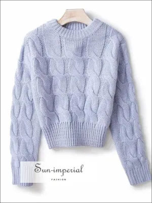 Women Solid Blue Chunky Knit Crop Jumper Crew Neck Cropped Knit top