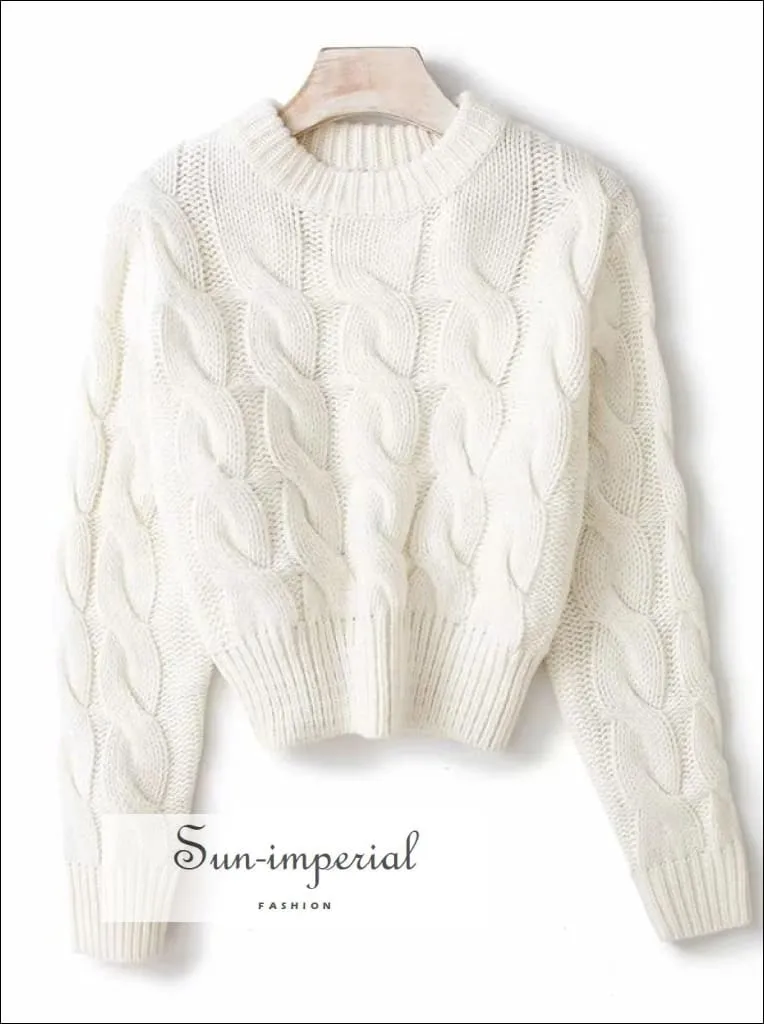 Women Solid Blue Chunky Knit Crop Jumper Crew Neck Cropped Knit top