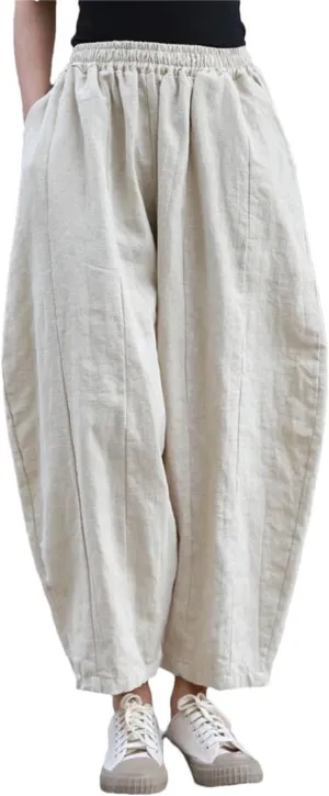 Women Vintage Cotton Linen Harem Pants Elastic Waist Solid Loose Casual Trousers