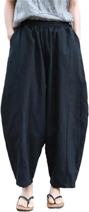Women Vintage Cotton Linen Harem Pants Elastic Waist Solid Loose Casual Trousers