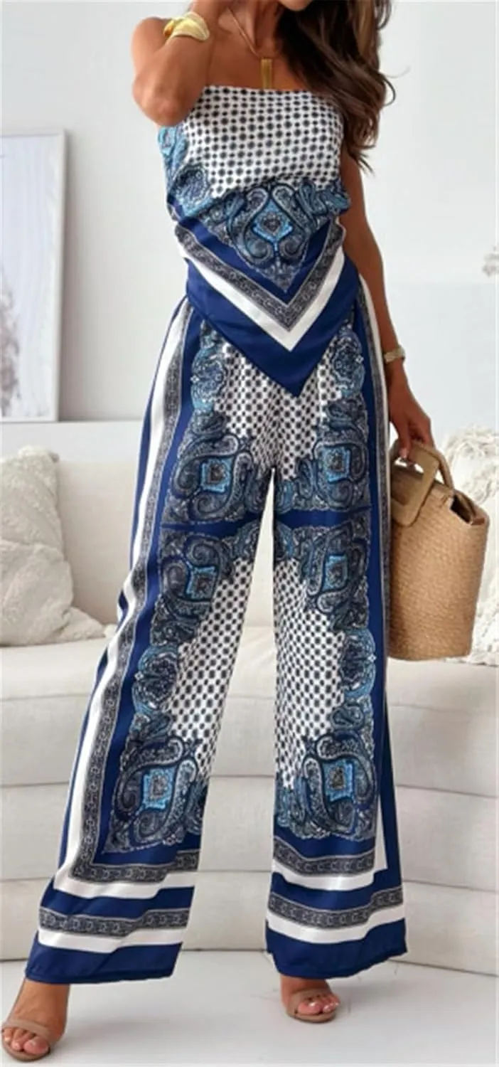 Women's 2 PCS Printed Lace Up Tank Tops Bodycon Wide Leg Pants Sexy Nightclub Party Tracksuit Outfits Set