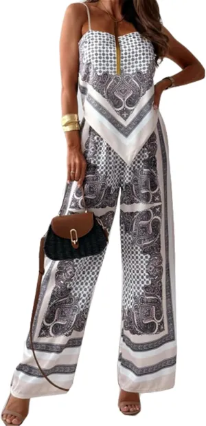 Women's 2 PCS Printed Lace Up Tank Tops Bodycon Wide Leg Pants Sexy Nightclub Party Tracksuit Outfits Set