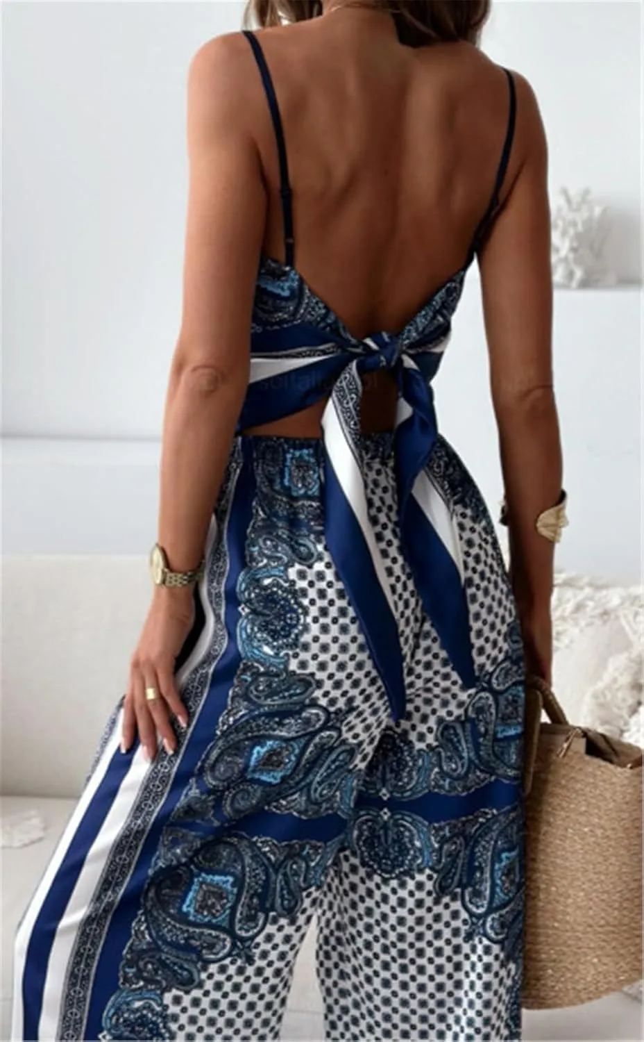 Women's 2 PCS Printed Lace Up Tank Tops Bodycon Wide Leg Pants Sexy Nightclub Party Tracksuit Outfits Set