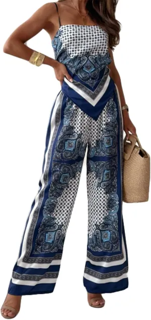 Women's 2 PCS Printed Lace Up Tank Tops Bodycon Wide Leg Pants Sexy Nightclub Party Tracksuit Outfits Set