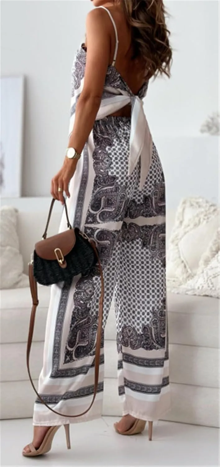 Women's 2 PCS Printed Lace Up Tank Tops Bodycon Wide Leg Pants Sexy Nightclub Party Tracksuit Outfits Set