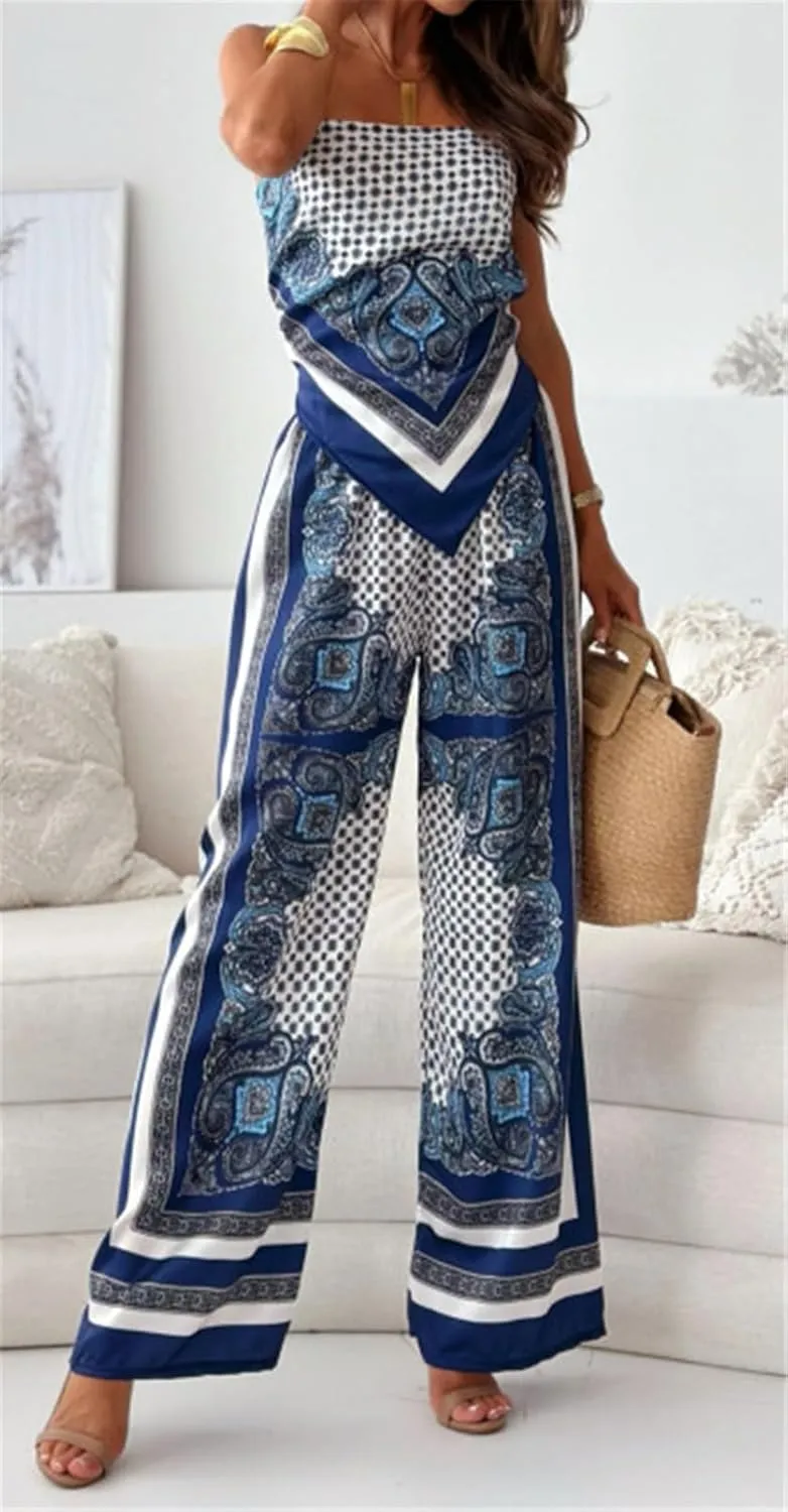 Women's 2 PCS Printed Lace Up Tank Tops Bodycon Wide Leg Pants Sexy Nightclub Party Tracksuit Outfits Set