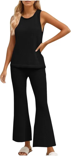 Women's 2 Piece Sets Summer Outfits Sleeveless Tank Tops and Flared Legging Pants Tracksuits Lounge Ribbed Knit Set