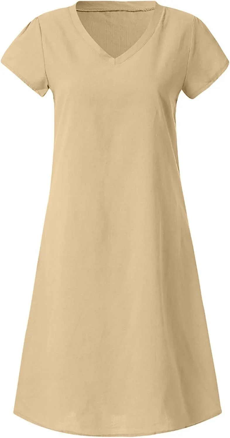 Women's 2025 Summer Short Sleeve Mini Dress Cotton Linen V Neck T-Shirt Dresses Casual A Line Slim Tank Sundresses
