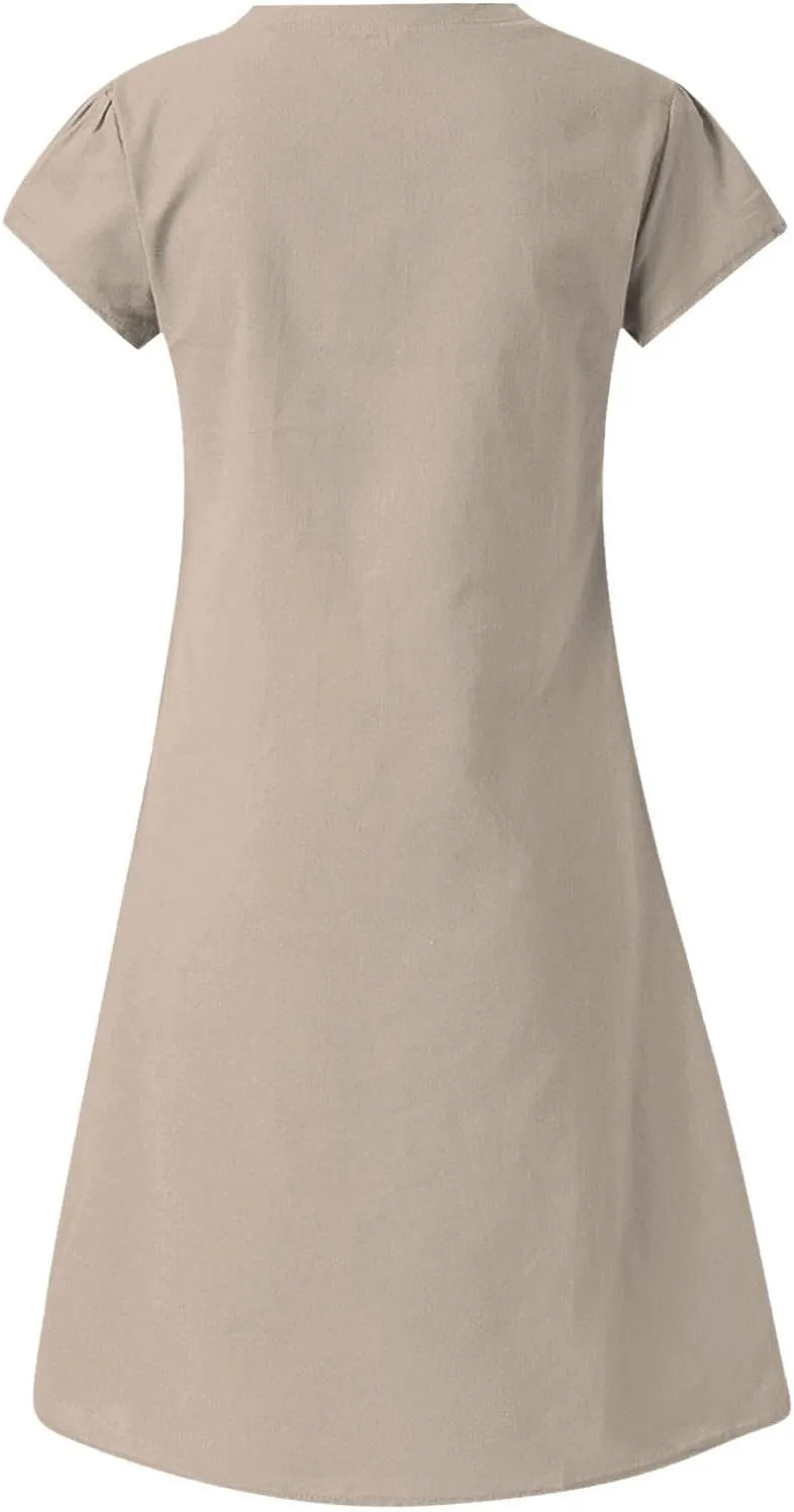 Women's 2025 Summer Short Sleeve Mini Dress Cotton Linen V Neck T-Shirt Dresses Casual A Line Slim Tank Sundresses