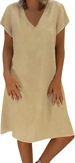 Women's 2025 Summer Short Sleeve Mini Dress Cotton Linen V Neck T-Shirt Dresses Casual A Line Slim Tank Sundresses