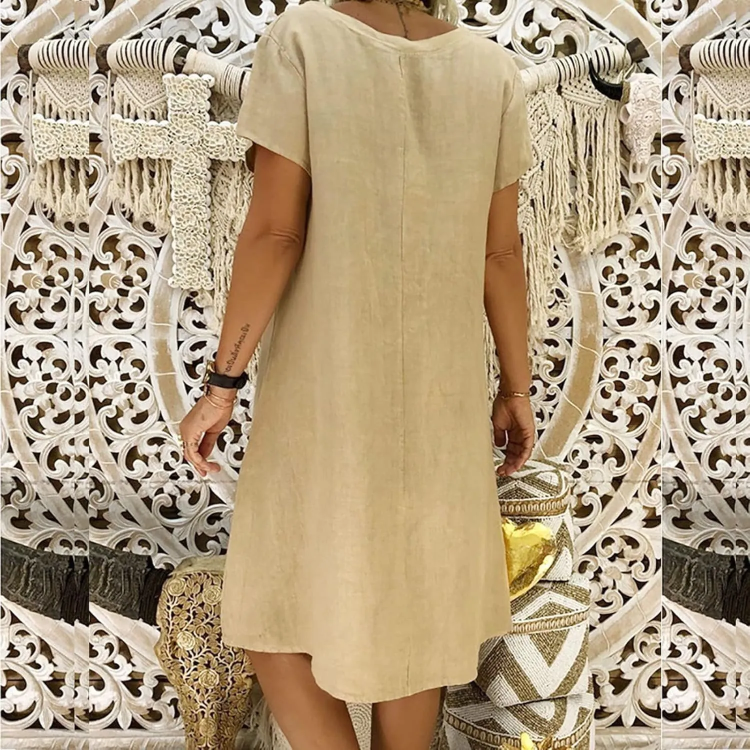 Women's 2025 Summer Short Sleeve Mini Dress Cotton Linen V Neck T-Shirt Dresses Casual A Line Slim Tank Sundresses