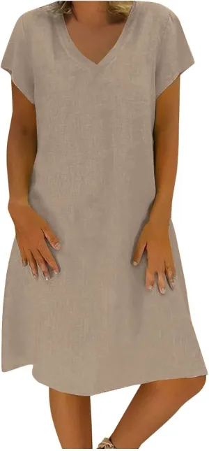 Women's 2025 Summer Short Sleeve Mini Dress Cotton Linen V Neck T-Shirt Dresses Casual A Line Slim Tank Sundresses