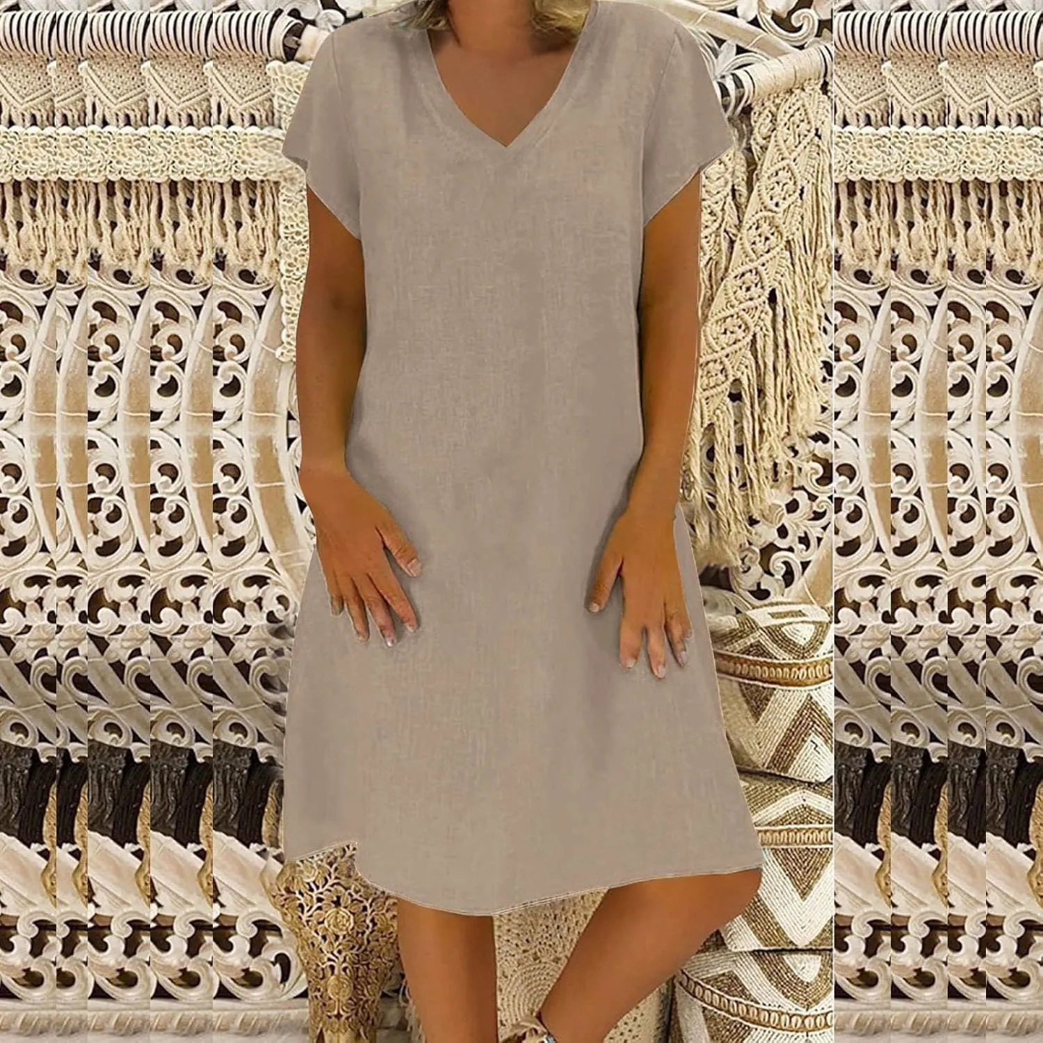 Women's 2025 Summer Short Sleeve Mini Dress Cotton Linen V Neck T-Shirt Dresses Casual A Line Slim Tank Sundresses