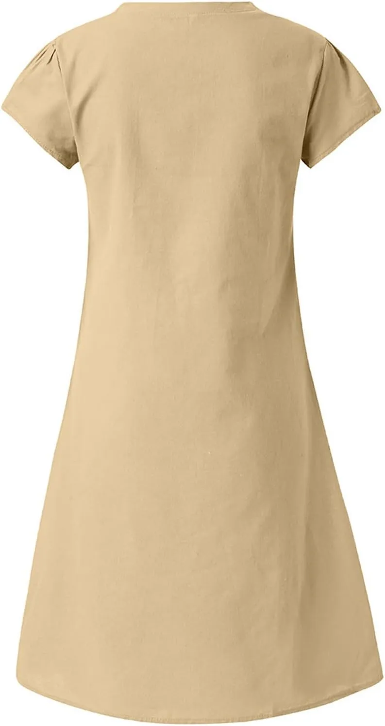 Women's 2025 Summer Short Sleeve Mini Dress Cotton Linen V Neck T-Shirt Dresses Casual A Line Slim Tank Sundresses