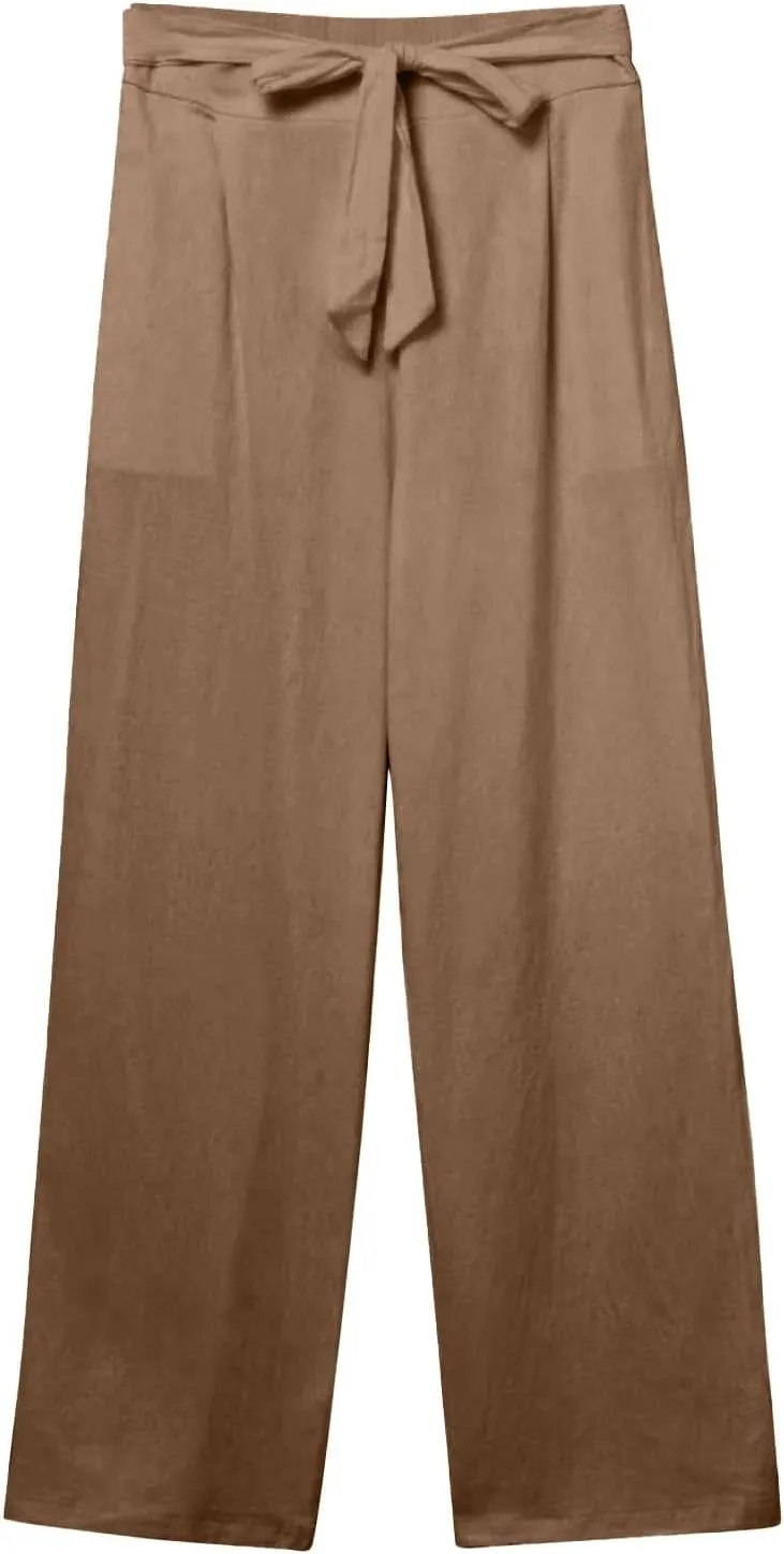 Women's Casual Cotton Linen Pants Elastic Waist Loose Fit Straight Jogger Pants Drawstring Solid Trousers with Pockets