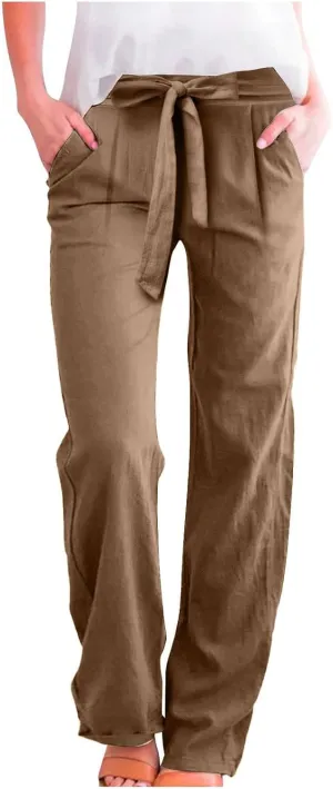 Women's Casual Cotton Linen Pants Elastic Waist Loose Fit Straight Jogger Pants Drawstring Solid Trousers with Pockets