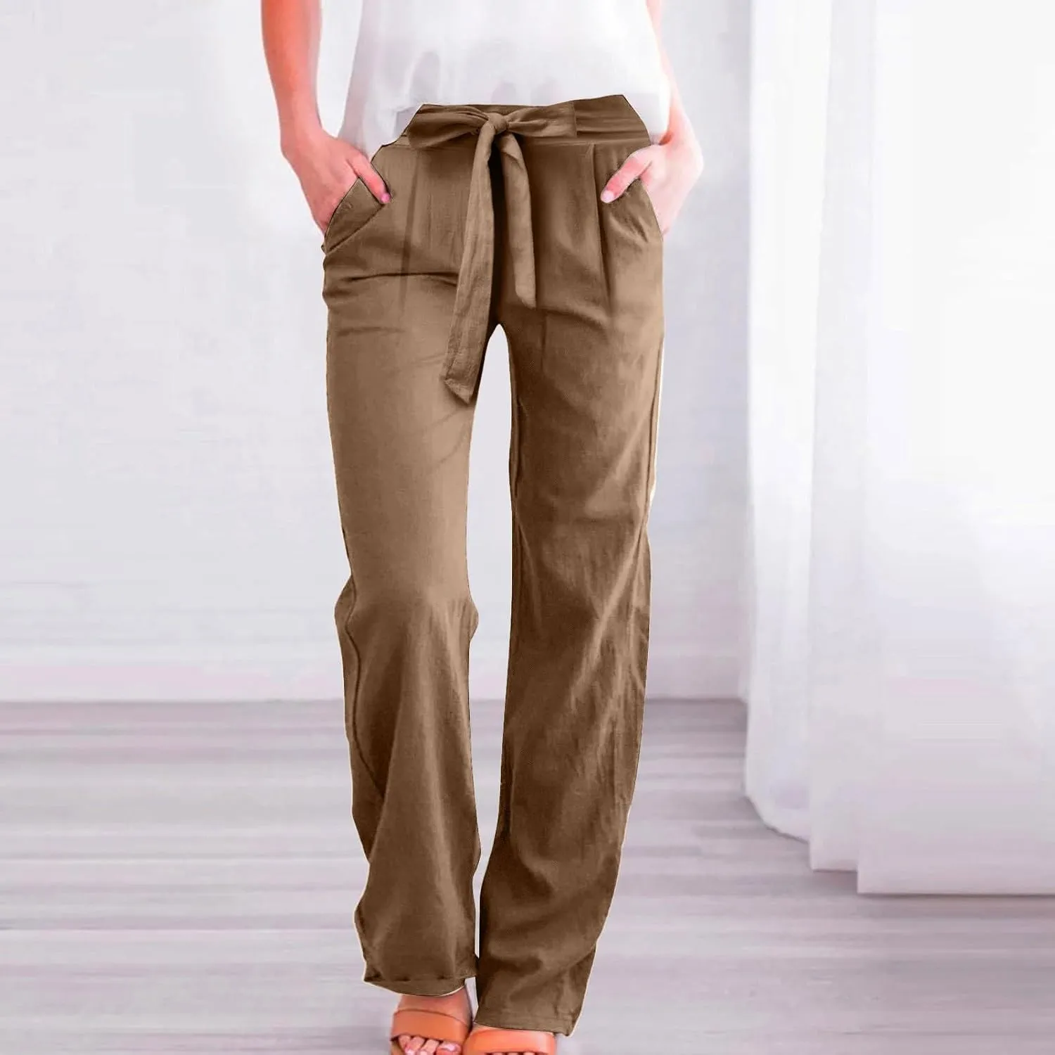 Women's Casual Cotton Linen Pants Elastic Waist Loose Fit Straight Jogger Pants Drawstring Solid Trousers with Pockets