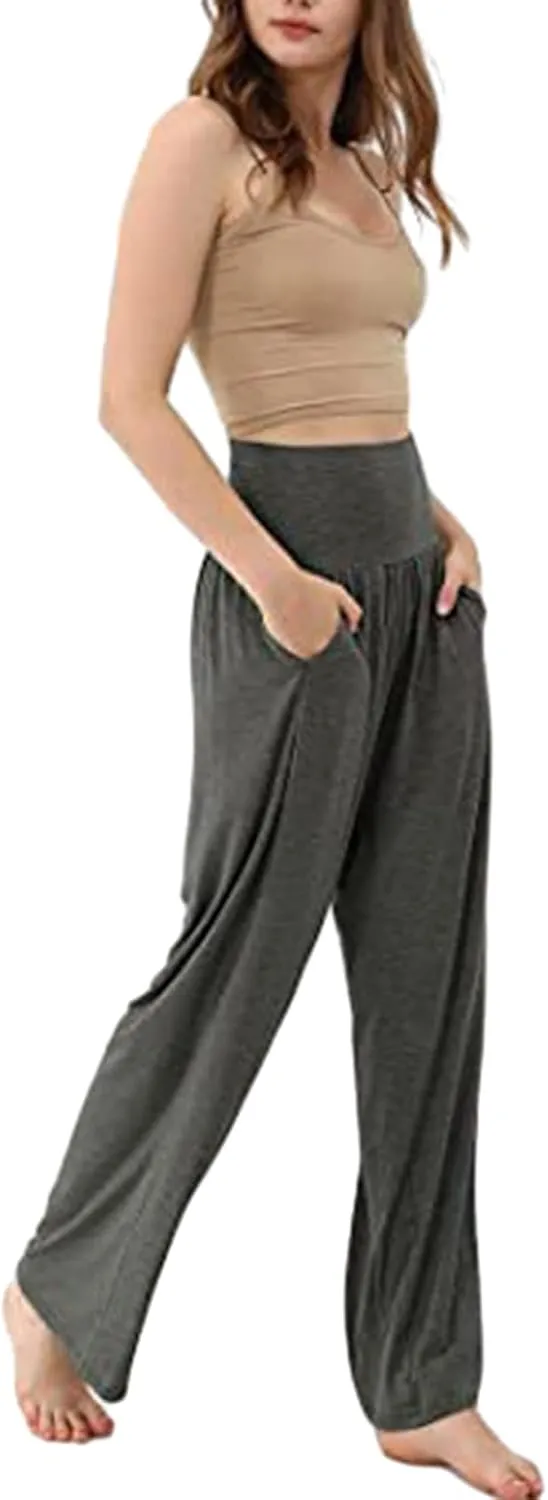 Women's Casual Wide Leg Pants High Waist Elastic Solid Color Long Loose Trousers Summer Spring Pant with Pockets