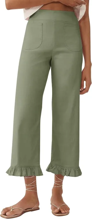 Women's Colette Flare Wide Leg Pants Summer Casual High Waist Ruffle Cropped Hem Loose Fit Trousers with Pockets